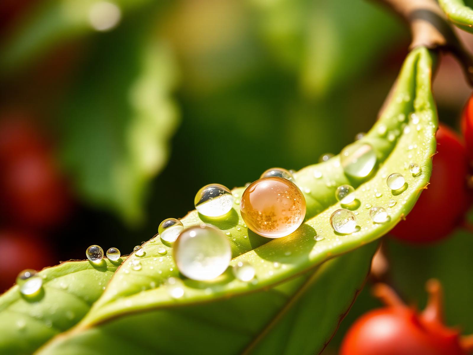 Dew and rosehips on a green leaf — beauty from within